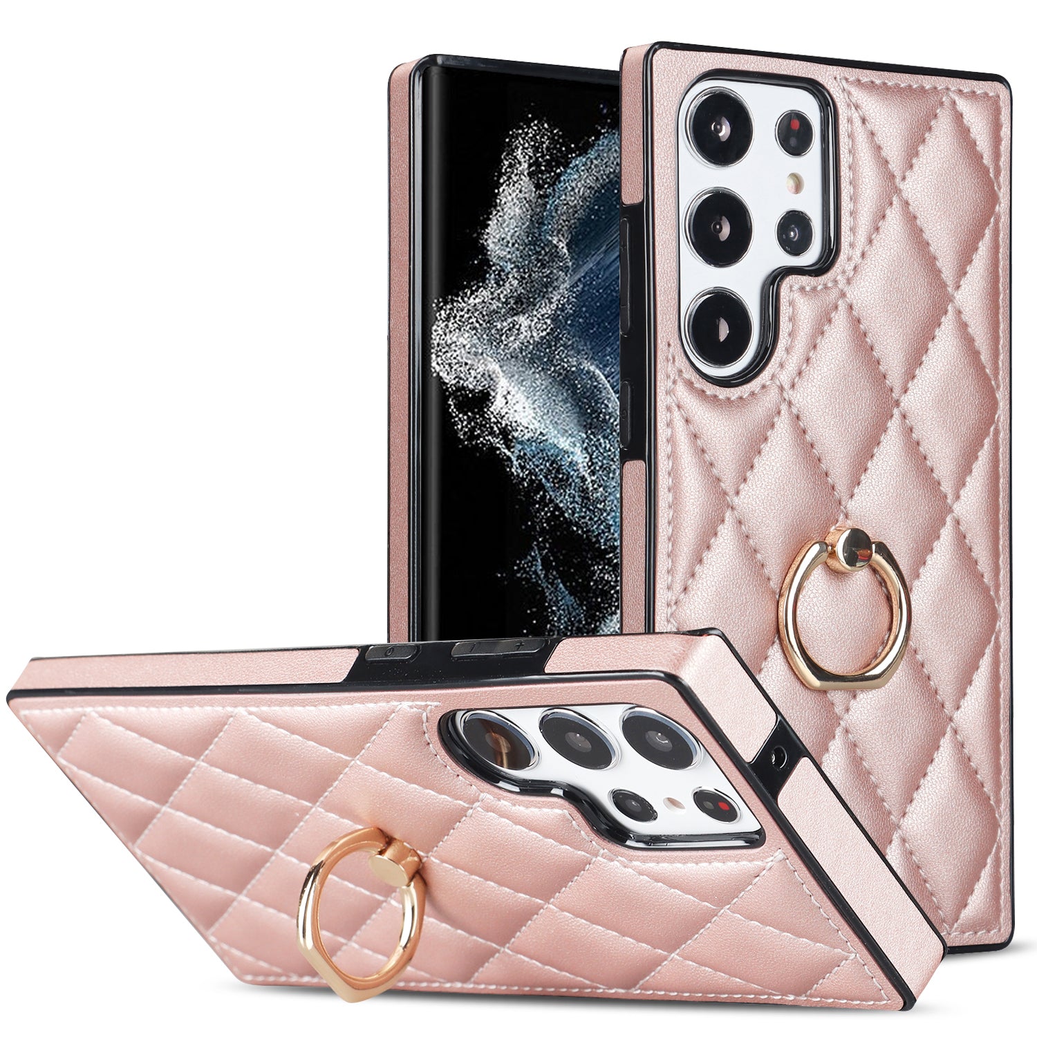 Ring Kickstand Phone Case for Samsung Galaxy S23 Ultra Imprinted Rhombus Grid Pattern PU Leather TPU Phone Cover Ring Kickstand Phone Case for Samsung Galaxy S23 Ultra Imprinted Rhombus Grid Pattern PU Leather TPU Phone Cover